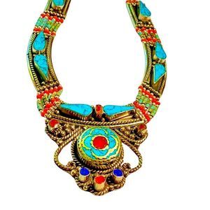 Authentic Turquoise, Coral, & Lapis Gemstones in a Tibetan Silver Necklace